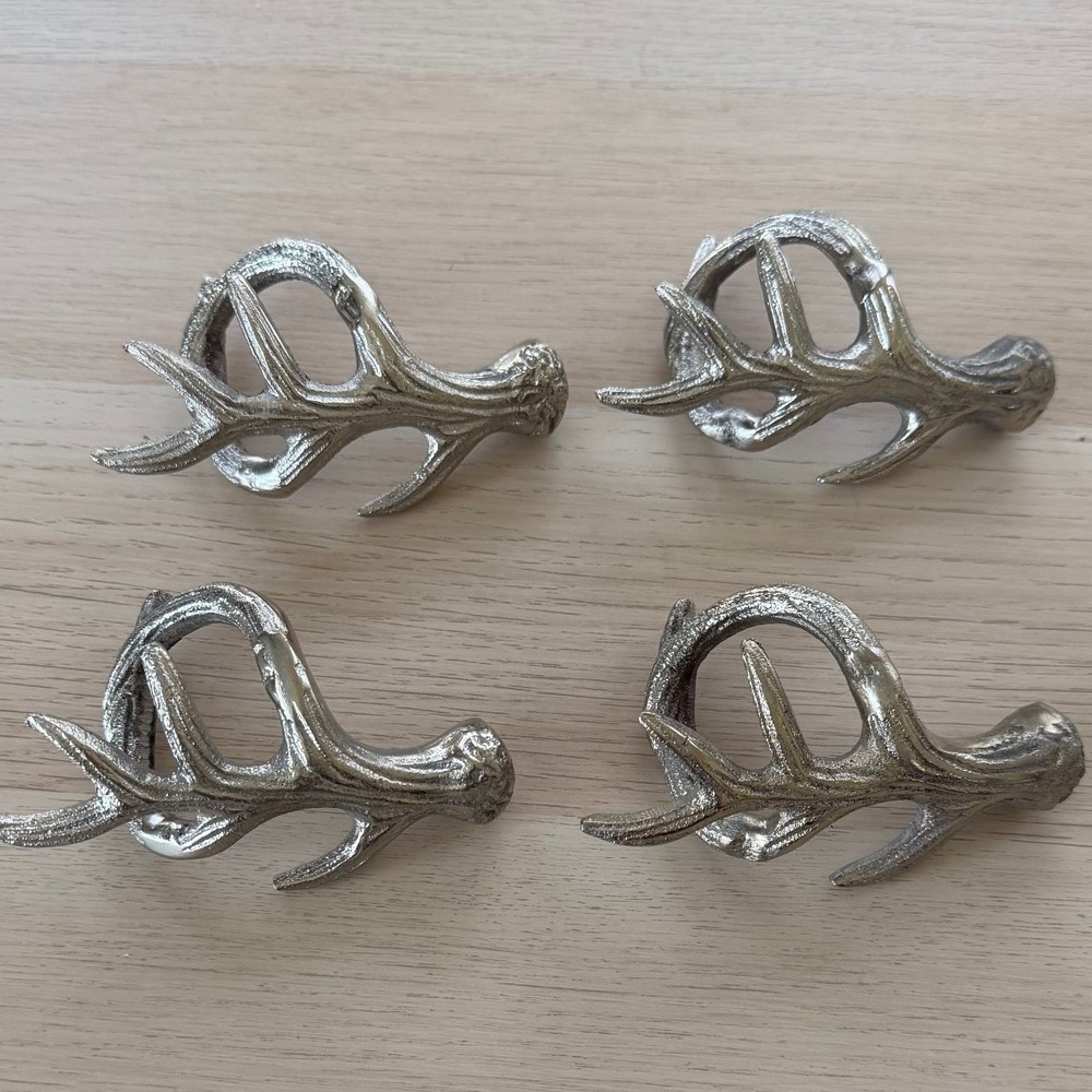 Silver Tone Antler Napkin Rings Rustic Lodge Cabin Christmas Decor Set of 4